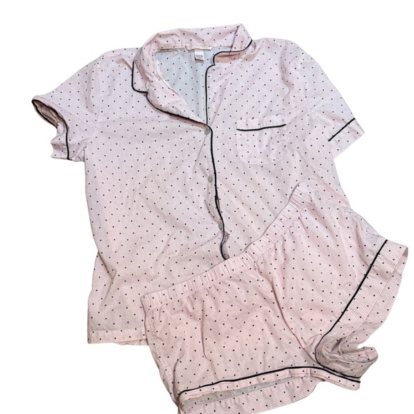 Victoria’s Secret Pajama Set Pink Stripe Dot Cotton Shorts Size L - Picture 1 of 13